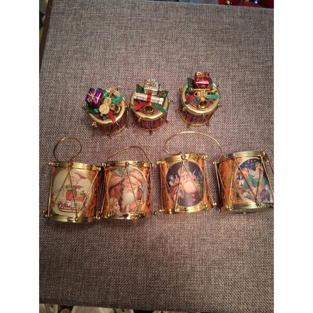 Vintage Style Christmas Drum Ornaments Set of 7 Santa Plaid Gold Victorian Decor